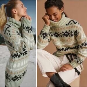 Anthropologie mint green Supersoft Oversized Fair Isle Turtleneck Sweater  Small